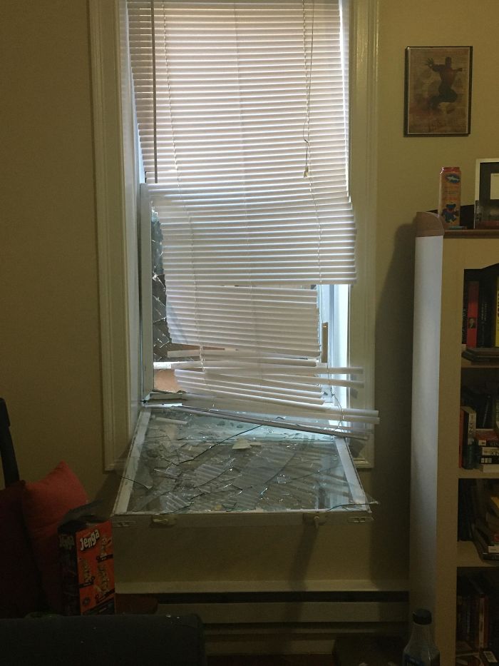 We Were Watching TV And Someone From Across The Way Dropped A Box-Frame While Moving Apartments. This Is Our Living Room Now