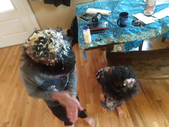 Was In The Process Of Trying To Remove "Slime" From One Kid's Hair When The Other Decided She Wanted To Join The Fun. Now They Both Have Monk Haircuts