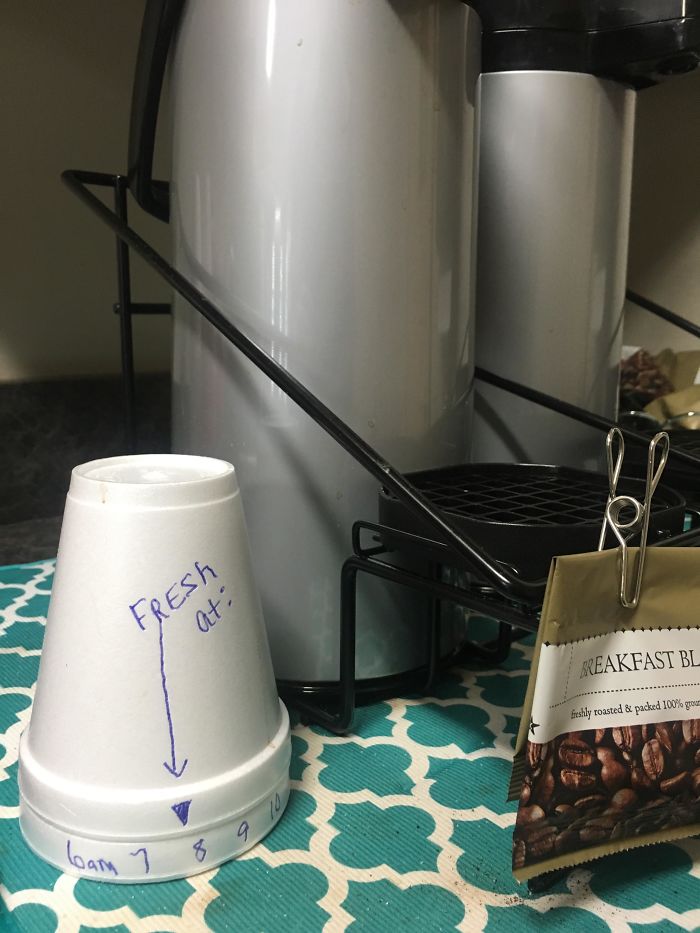 Someone At My Work Created A Clock Out Of Two Cups To Keep Track Of How Fresh The Coffee Is
