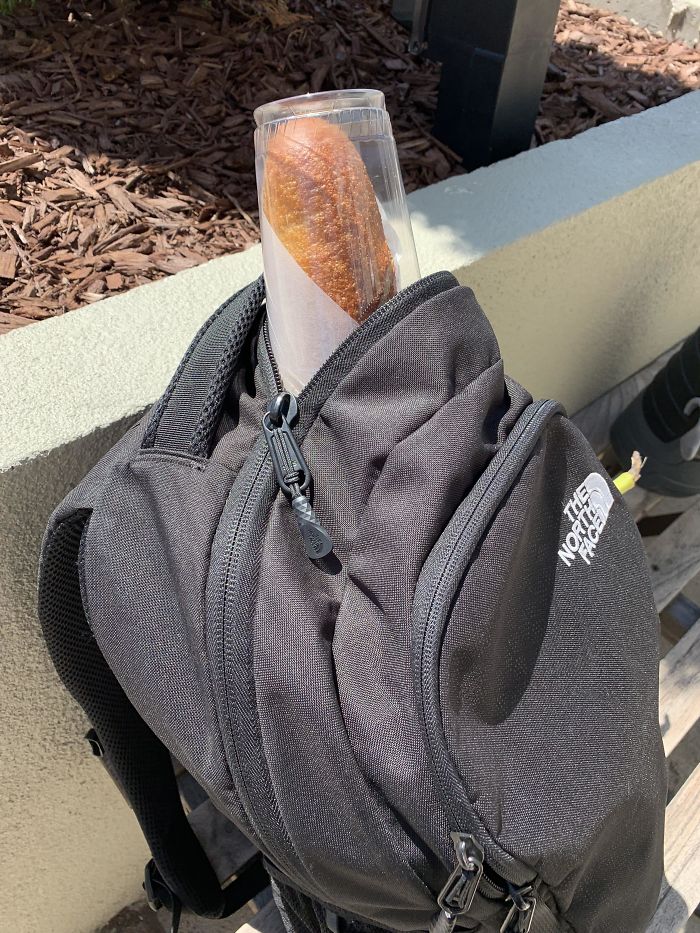 Baguette Wouldn’t Fit In My Backpack, So I Put A Cup On The Top And Zipped Up My Bag To Keep It Protected