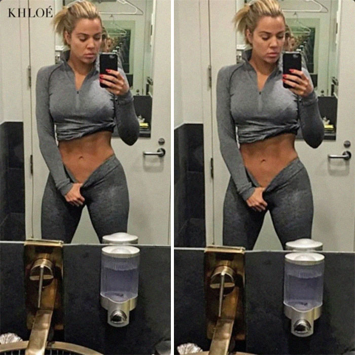 When Khloe Kardashian Posted A Mirror Selfie Of Her Abs With Her Thighs Altered. People Were Quick To Point Out The Crooked Door Frame Behind Her