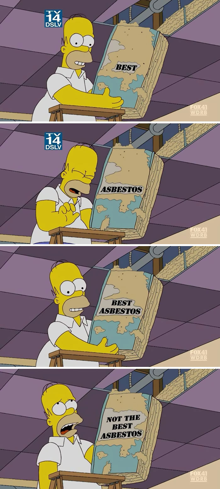 Homer Simpson reacting to a damaged book with wittiest signs featuring asbestos messages from The Simpsons.
