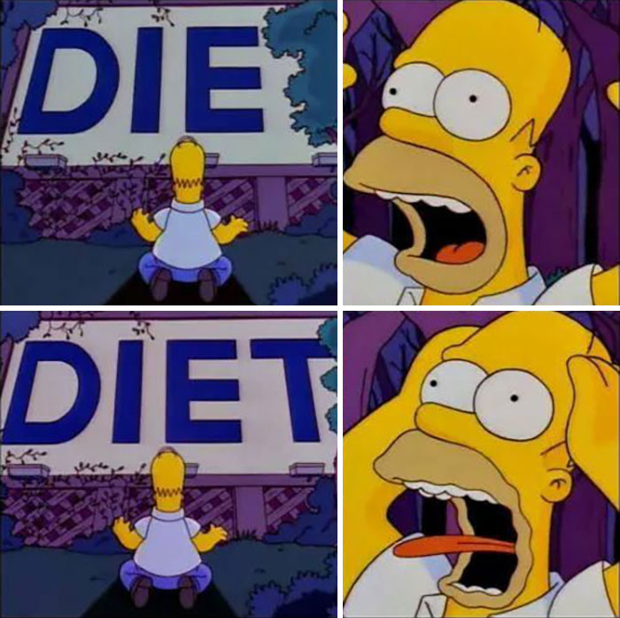 Homer Simpson reacting to a hidden witty sign in The Simpsons, featuring the wordplay on diet and die.