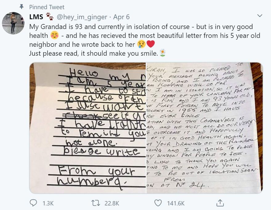 A Five-Year-Old Girl Writes A Heartfelt Letter To Her 93-Year-Old Neighbour In Isolation A Five-Year-Old Girl Writes A Heartfelt Letter To Her 93-Year-Old Neighbour In Isolation