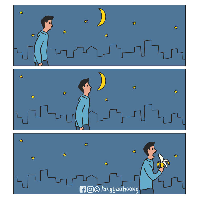 A comic strip showing a man looking at the moon, which turns out to be a banana in a weird and unexpected ending.