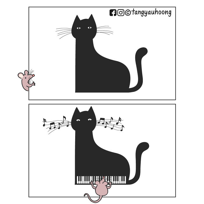 Black cat comic with a mouse playing piano keys on the cat’s body in weird and unexpected endings style.