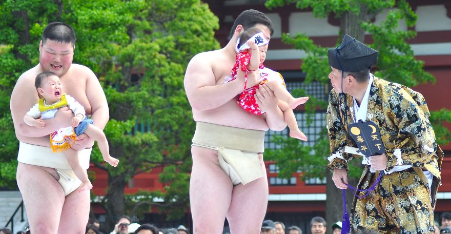 Sumo Wrestlers And Babies - Japanese Baby-Crying Sumo Festival