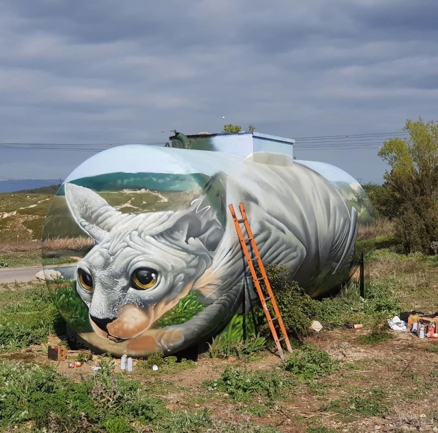 Street Artist Paints A Mind-Bending Illusion Of A Sphynx Cat On An Old Gas Tank Street Artist Paints A Mind-Bending Illusion Of A Sphynx Cat On An Old Gas Tank