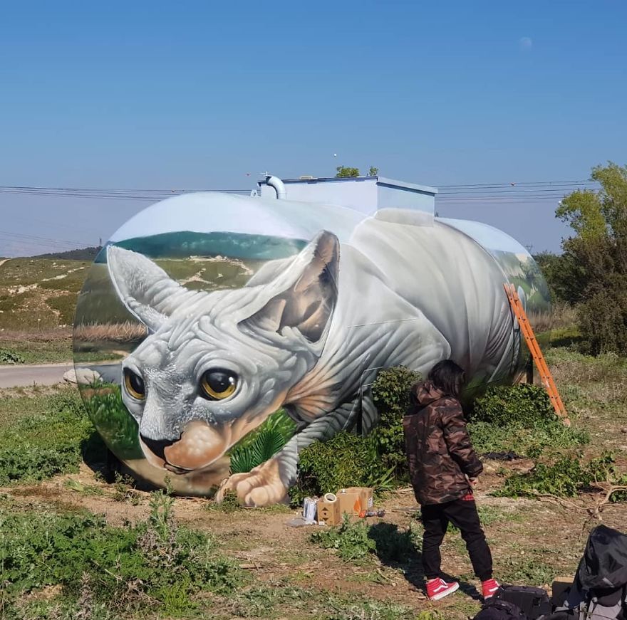Street Artist Paints A Mind-Bending Illusion Of A Sphynx Cat On An Old Gas Tank Street Artist Paints A Mind-Bending Illusion Of A Sphynx Cat On An Old Gas Tank