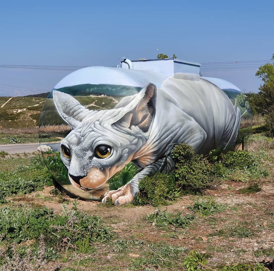 Street Artist Paints A Mind-Bending Illusion Of A Sphynx Cat On An Old Gas Tank