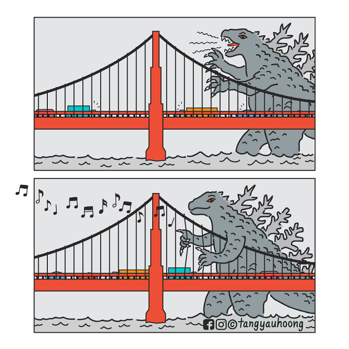 Comic panels featuring a giant creature causing chaos and then playing music, showcasing weird and unexpected endings.