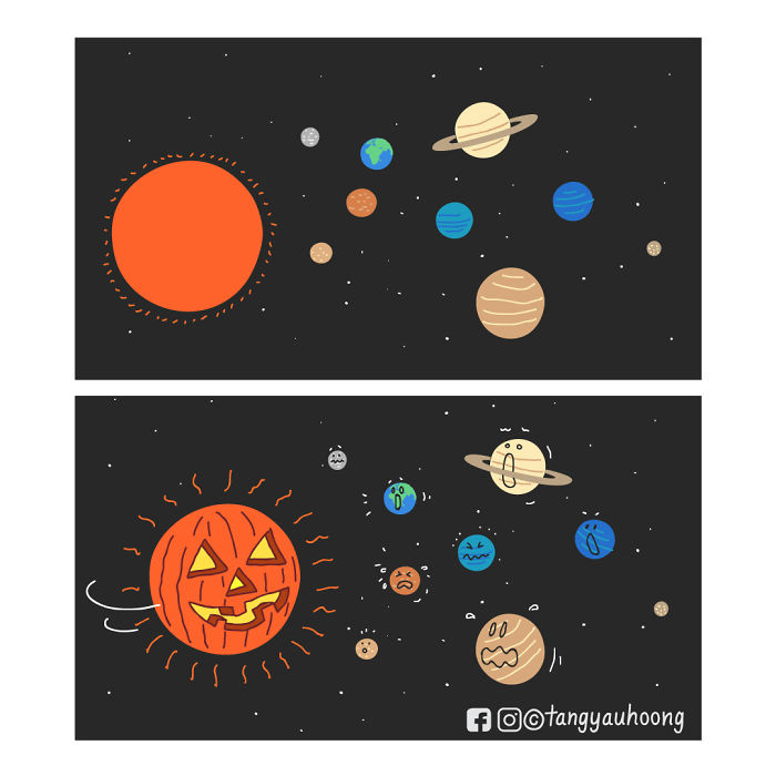 Illustration of a comic with weird and unexpected endings showing planets reacting to a pumpkin sun.