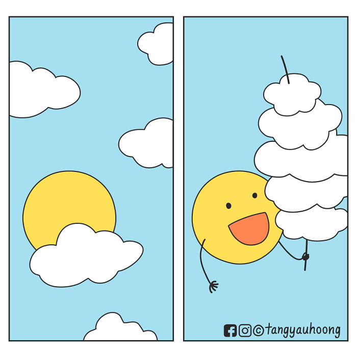 Comic with weird and unexpected endings featuring a happy sun character holding a cotton candy shaped like clouds.