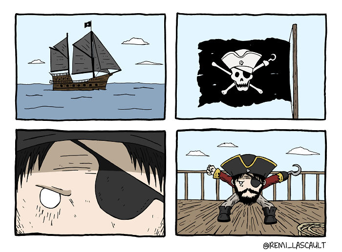 Pirate ship and flag with skull, close-up of pirate with eyepatch, and pirate with hook and peg leg on deck dark humor comic.