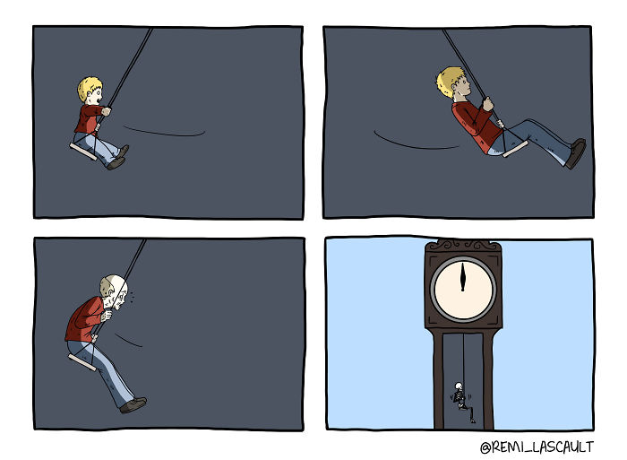 Child on a swing ages rapidly into a skeleton, swinging inside a large grandfather clock, dark humor comic style.
