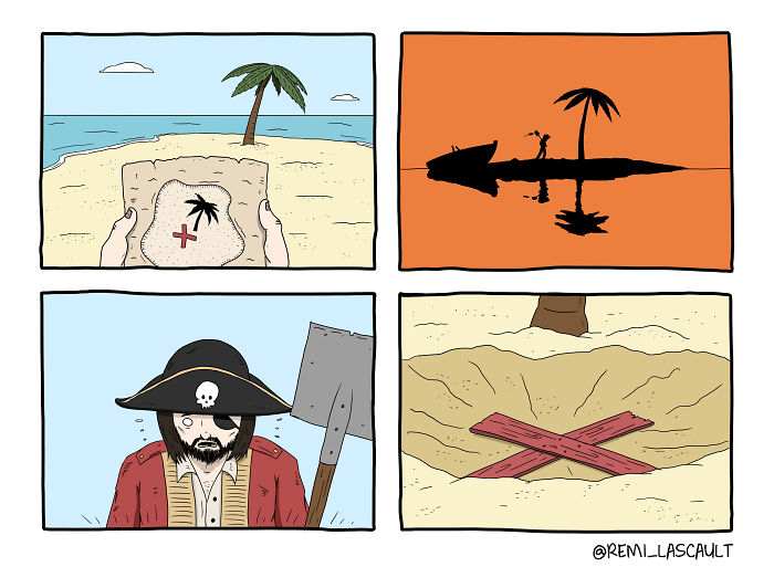 Four-panel dark humor comic showing a pirate finding a palm tree map, digging, and revealing a fresh grave with crossed planks.