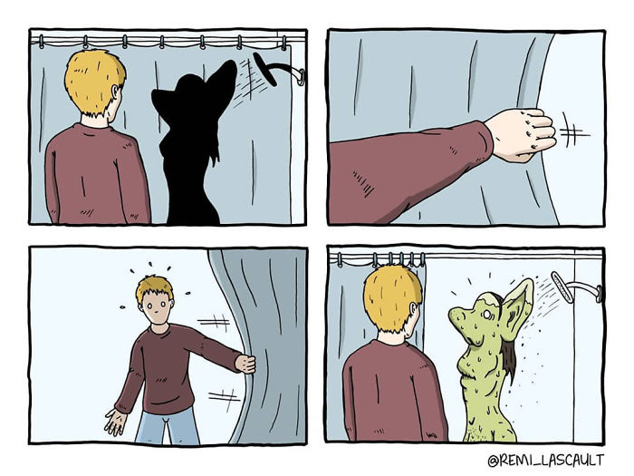Man drawing back shower curtain to reveal a dark humor comic of a monster in the shower behind it.