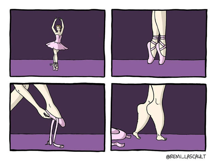 Comic panels showing a ballerina performing on pointe, then removing her shoes to reveal bare feet, illustrating dark humor.