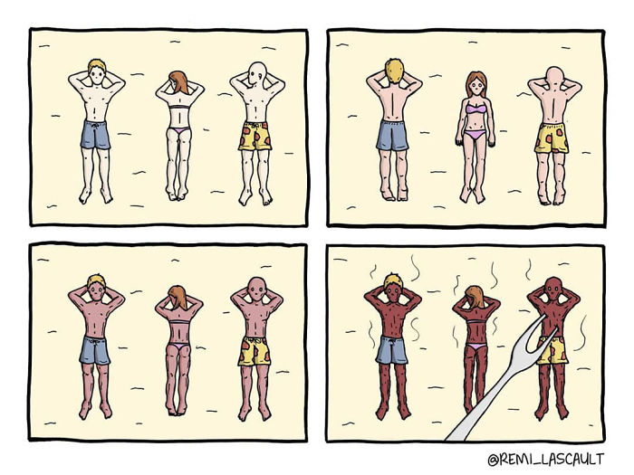 Three people lying on the ground sunbathing, progressively getting burnt with a dark humor twist.