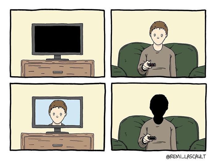 Comic strip showing a person watching TV on a couch, with a dark humor twist as the figure turns into a shadow.
