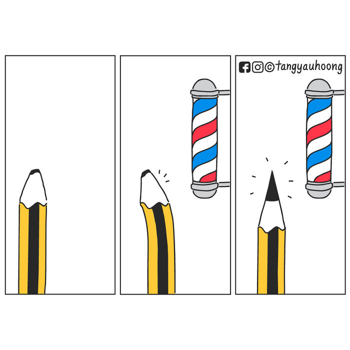 Comic strip showing a pencil with an unexpected ending as its tip sharpens beside a barber pole.