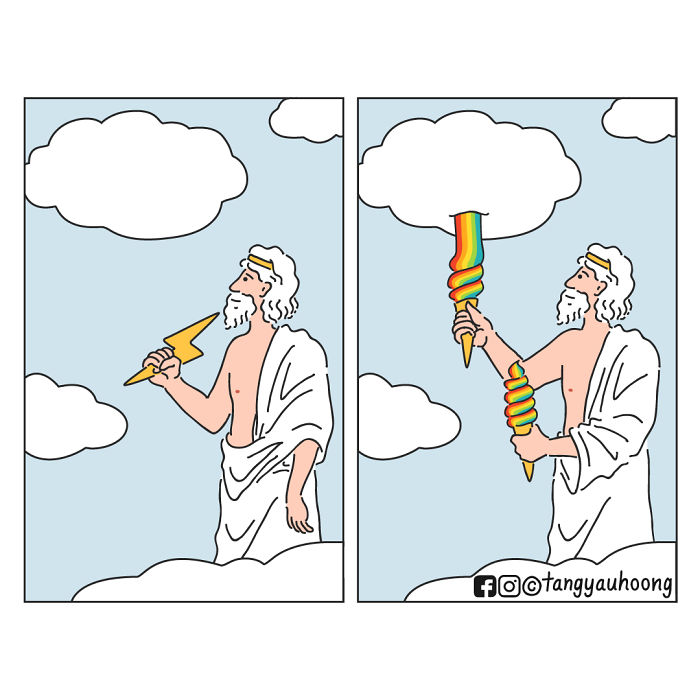 Comic strip showing a god holding a lightning bolt, which transforms into a colorful, twisted rainbow cone with an unexpected ending.