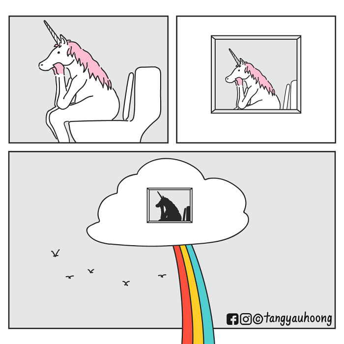 Unicorn sitting thoughtfully on a chair in a comic with weird and unexpected endings, featuring a rainbow cloud.