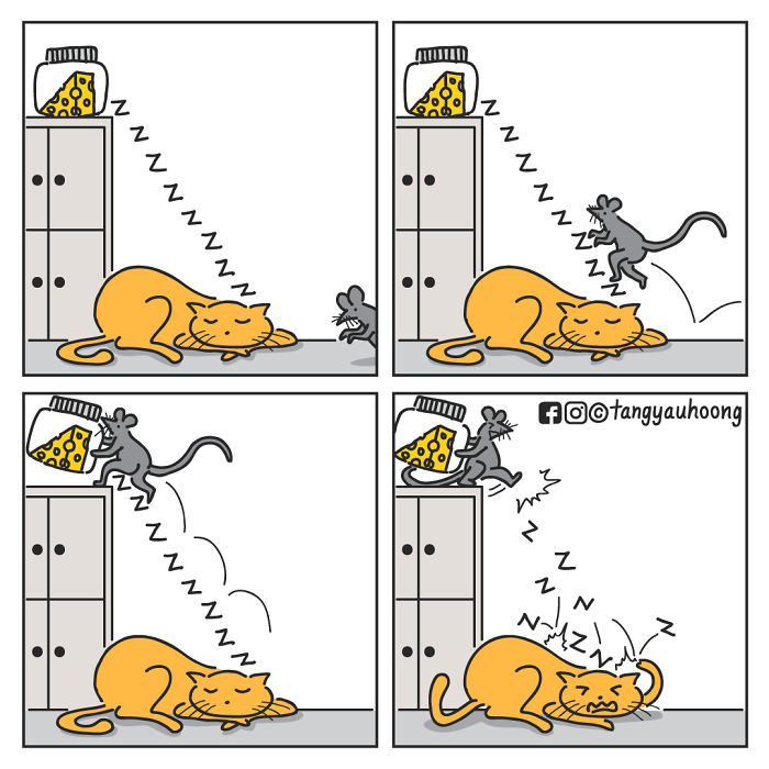 Comic with weird and unexpected endings showing a mouse stealing cheese while a cat naps nearby in a four-panel sequence