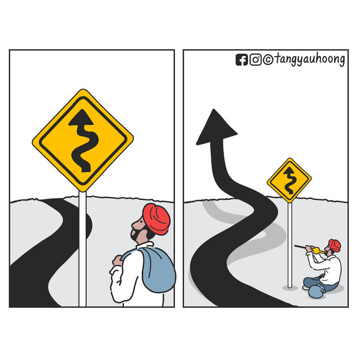Comic with weird and unexpected endings showing a man creating a winding road that unexpectedly turns into an arrow.