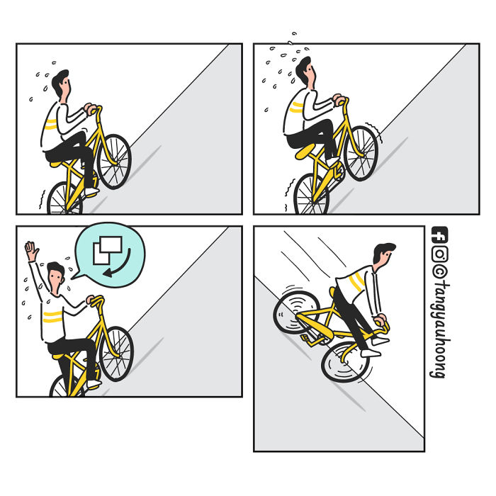 Comic strip of a person riding a bike uphill, sweating and waving, ending with an unexpected bike fall in weird comics.