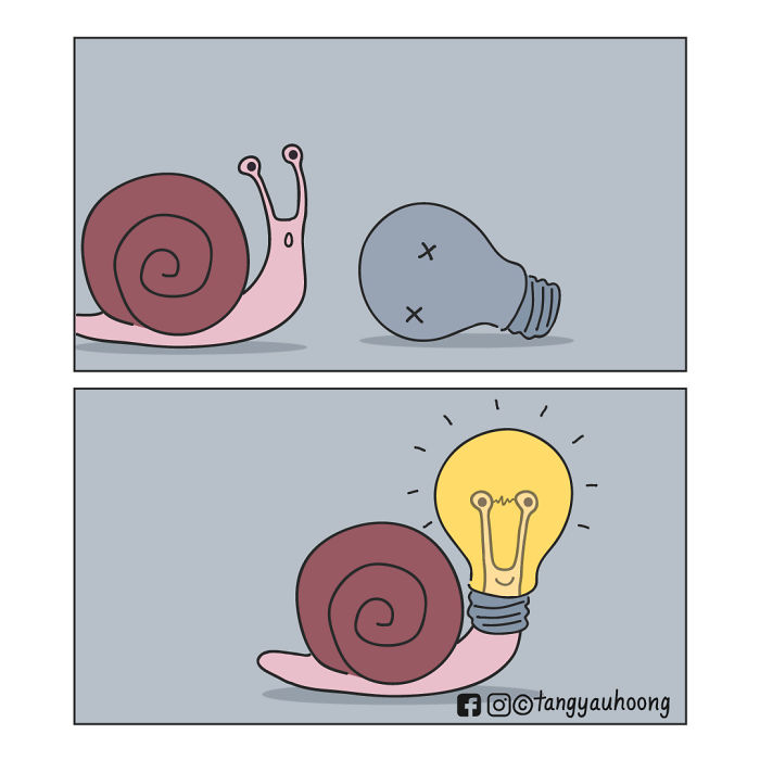 Comic panels showing a snail encountering a dead light bulb, then carrying a glowing bulb, illustrating weird and unexpected endings.