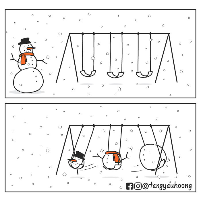 Snowman comic with weird and unexpected endings shows snowmen swinging on playground swings in a snowy scene.