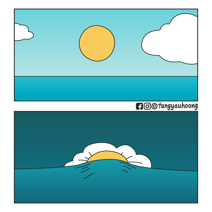 Comic panels show a sun above the ocean that later appears to be sinking behind waves in a weird and unexpected ending.
