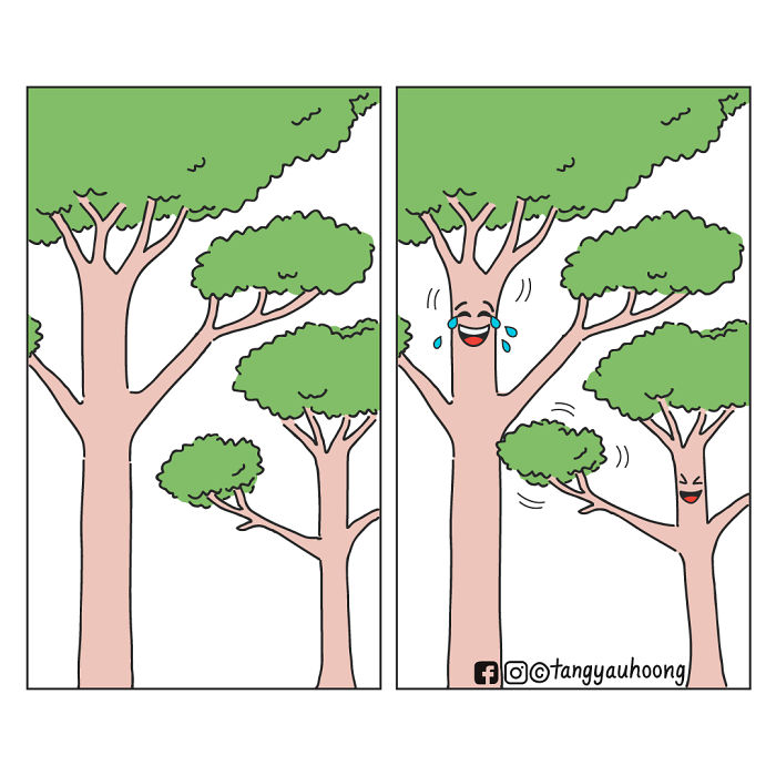Two-panel comic with trees that have faces and arms, showing a weird and unexpected ending with laughter and tears.