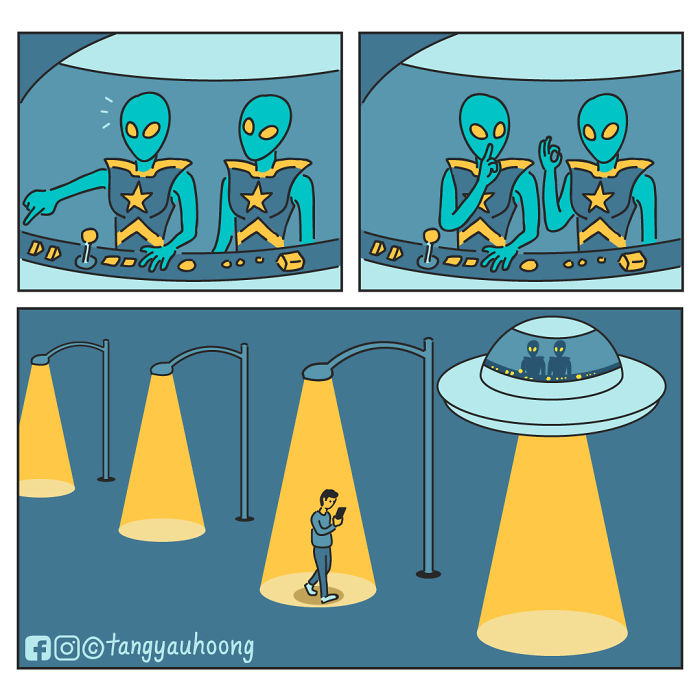 Comic panels showing aliens inside a UFO with weird and unexpected endings involving a human and streetlights.