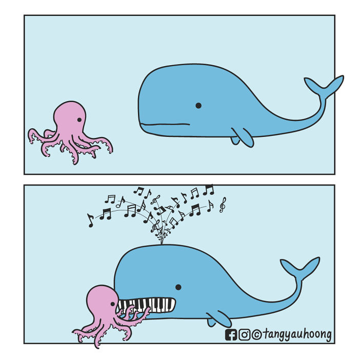 Comic featuring weird and unexpected endings with a whale and octopus playing music from piano keys and notes.