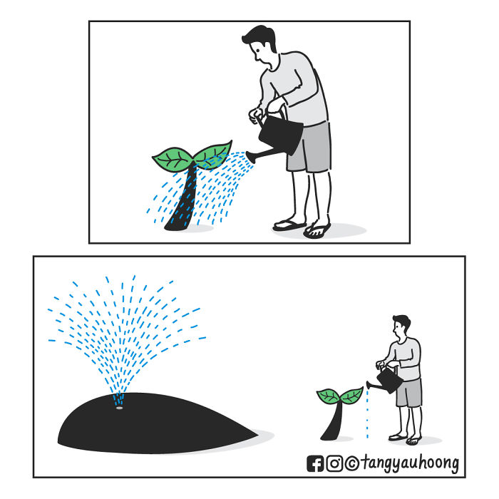 Man watering a small plant that unexpectedly causes a large underground water spray in a weird comic scene.