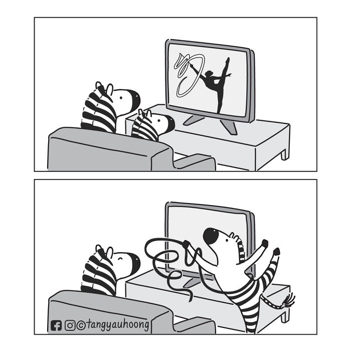 Two zebras watch TV showing a gymnast, then the zebra mimics the gymnast in this comic with weird and unexpected endings.