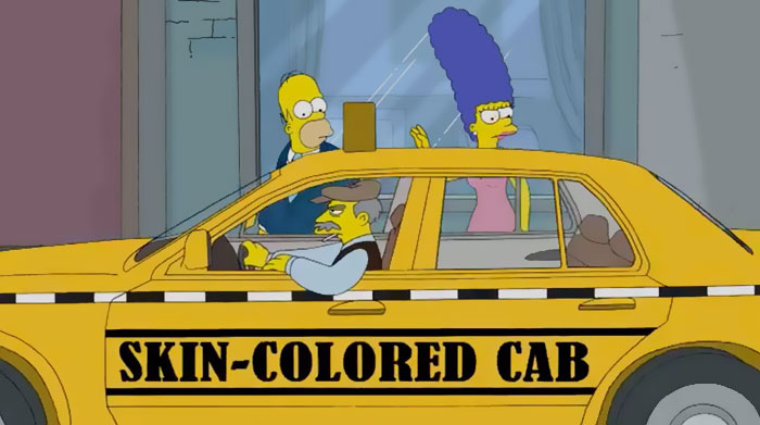 The Simpsons scene showing a yellow taxi with a witty sign reading skin-colored cab on the door