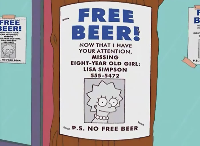 Funny Simpsons sign on a bulletin board offering free beer to attract attention to a missing Lisa Simpson poster.