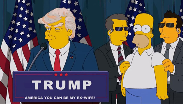 Animated scene from The Simpsons featuring a witty political sign referencing Trump with Homer and security agents present.