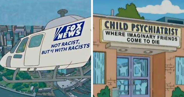 Two witty signs from The Simpsons show a Fox News helicopter with a sarcastic slogan and a child psychiatrist office with a darkly humorous message.