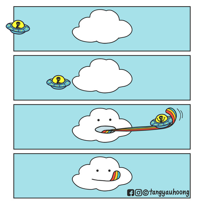 Comic panels showing a UFO interacting with a cloud, ending with a weird and unexpected twist in the comic.