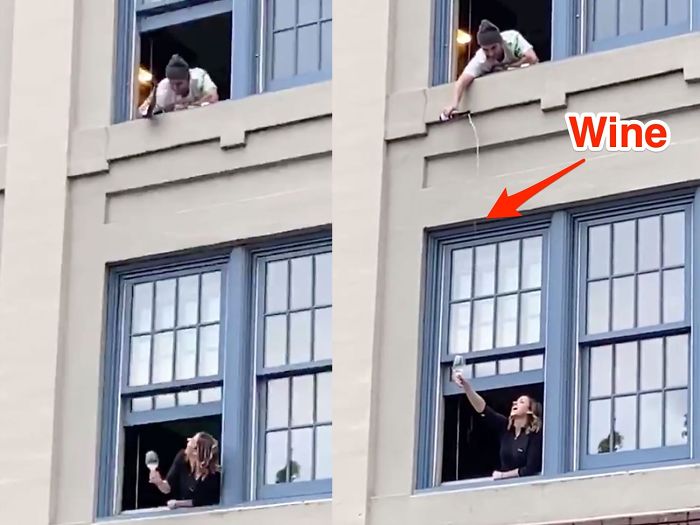 Met The Girl Downstairs Tonight Banging Pots Out The Window For Healthcare Workers. Told Her To Hold Out Her Wine Glass. Bystanders Saw