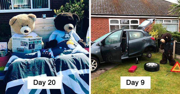 Meet Ted & Ed, Two Giant Teddy Bears That Are Bringing Positivity To Their Entire Neighborhood During The Pandemic