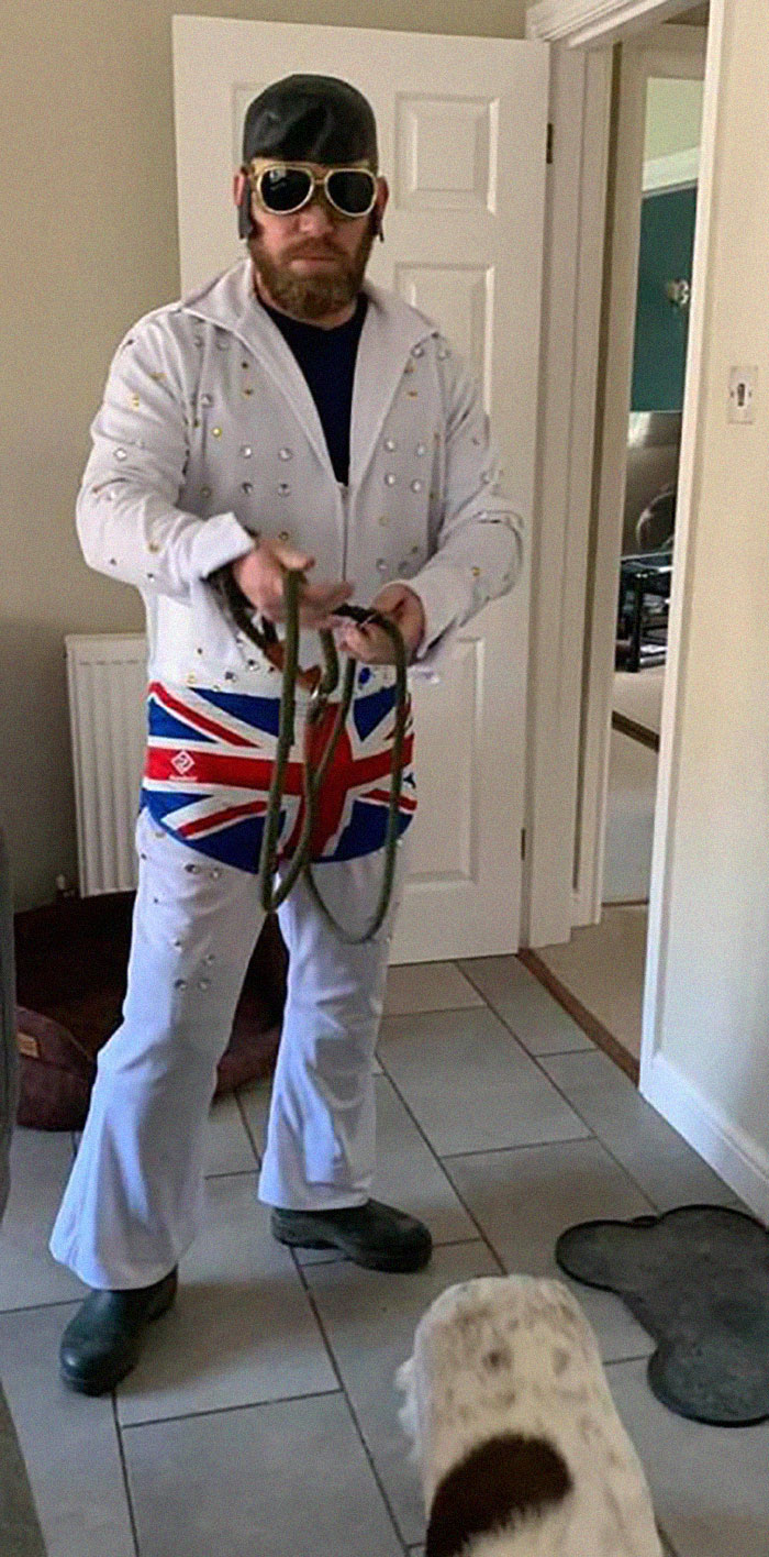 "My Mate Has Been Dressing Up Everyday To Cheer The Neighborhood Up While He Takes The Dogs Out" "My Mate Has Been Dressing Up Everyday To Cheer The Neighborhood Up While He Takes The Dogs Out"