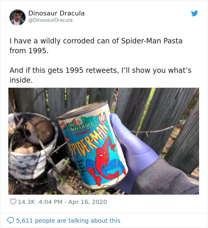 Guy Opens A Can Of Spider-Man Pasta From 1995