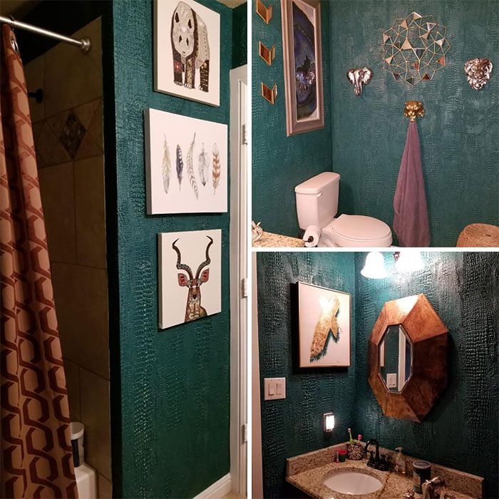 The Wall Are Texture Crocodile. And The Towel Holders Are Faux Taxidermy Animal Faces. I Also Have A Large Cow Skull Painted In A Gold And Copper Metallic That Has Studs And Spikes On It