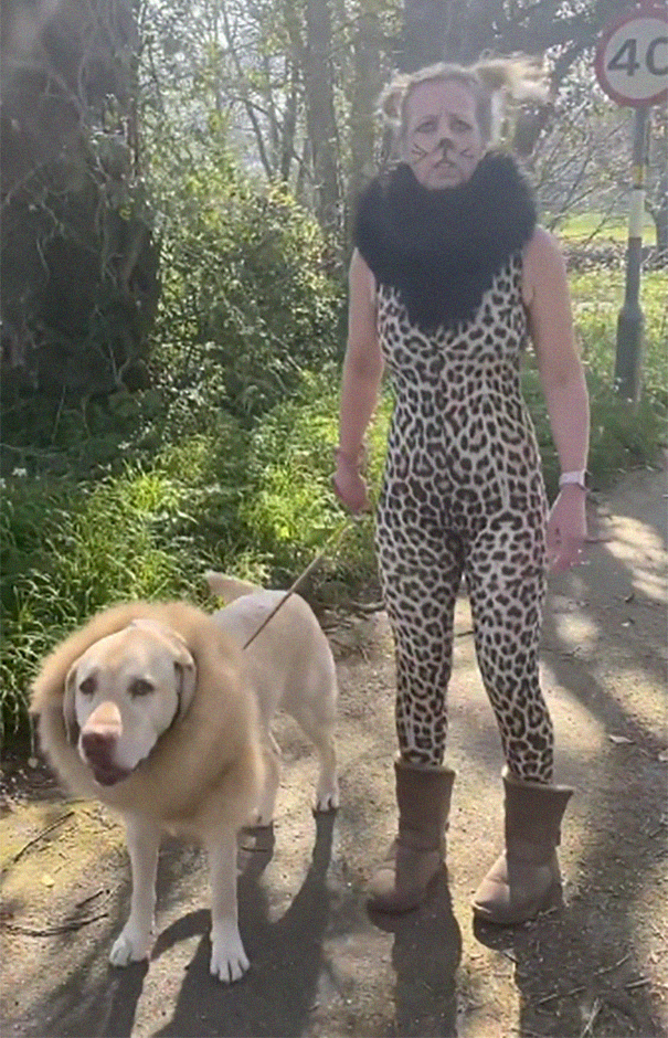 Woman Wears Bizarre Costumes While Walking Her Dog During The Quarantine And He Looks Embarrassed (8 Pics) Woman Wears Bizarre Costumes While Walking Her Dog During The Quarantine And He Looks Embarrassed (8 Pics)