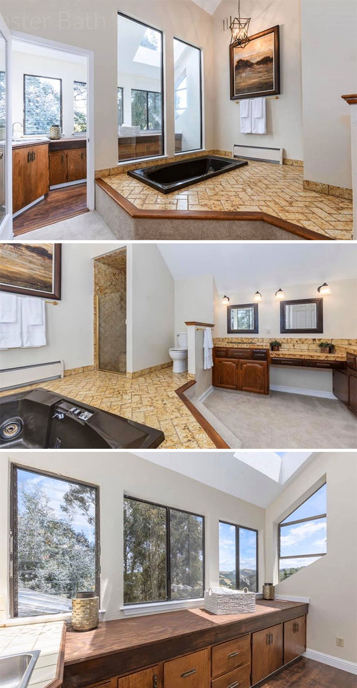 Carpet Steps Up To The Throne! Sunken Jetted Tub That So Loud The House Rumbles. Mirrors Hung So Low I Can’t See Top Of My Head